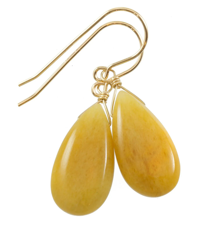Yellow Aventurine Earrings Teardrop Pear Shaped Smooth 14k Solid Gold or Filled or Sterling Silver Great Unique Natural Earthy Daily Drops - Spyglass Designs