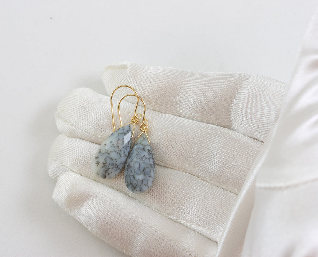 Dendrite Agate Earrings 14k solid gold or filled or Sterling Silver Dangle Drops Natural Marbling White Black Simple Drops 1.5 Inches