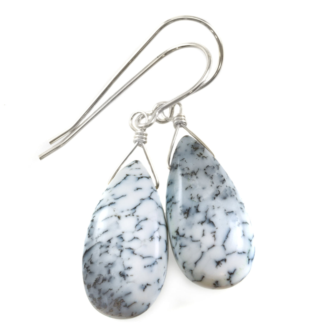 Dendrite Agate Earrings 14k solid gold or filled or Sterling Silver Dangle Drops Natural Marbling White Black Simple Drops 1.5 Inches