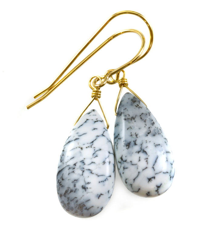 Dendrite Agate Earrings 14k solid gold or filled or Sterling Silver Dangle Drops Natural Marbling White Black Simple Drops 1.5 Inches