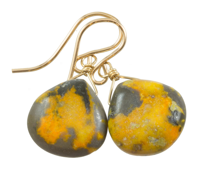 Bumble Bee Jasper Earrings  Smooth Heart Teardrops Select Yellow Orange  14k Solid Gold or Filled  or Sterling Silver Drops Spyglass Designs