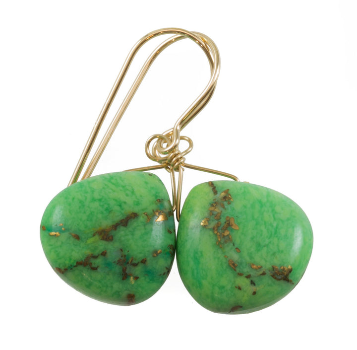 Copper Tuquoise Earrings Green Smooth Mosaic Unique 14k Solid Yellow Gold or filled or Sterling Silver Rare Light Drops Spyglass Designs