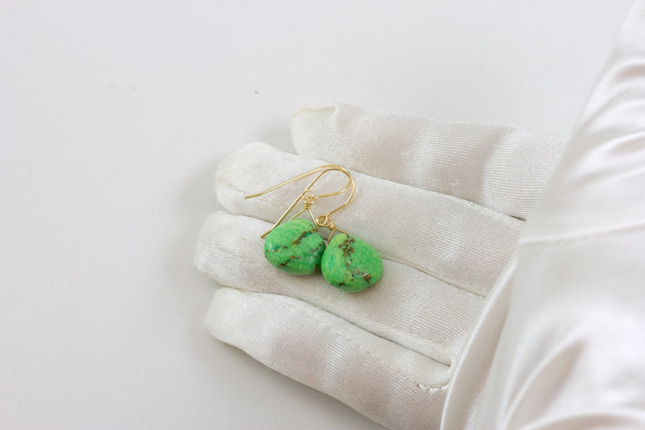 Copper Tuquoise Earrings Green Smooth Mosaic Unique 14k Solid Yellow Gold or filled or Sterling Silver Rare Light Drops Spyglass Designs