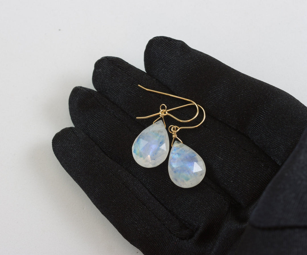 Rainbow Blue Moonstone Earrings Sterling Silver or 14k Solid Gold or Filled Large Pear Teardrop Natural  Simple Drops