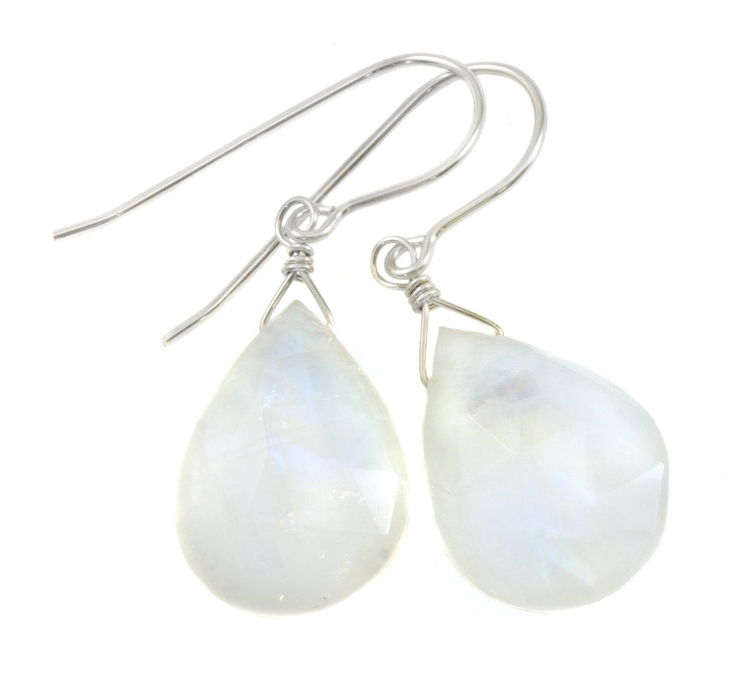Rainbow Blue Moonstone Earrings Sterling Silver or 14k Solid Gold or Filled Large Pear Teardrop Natural  Simple Drops