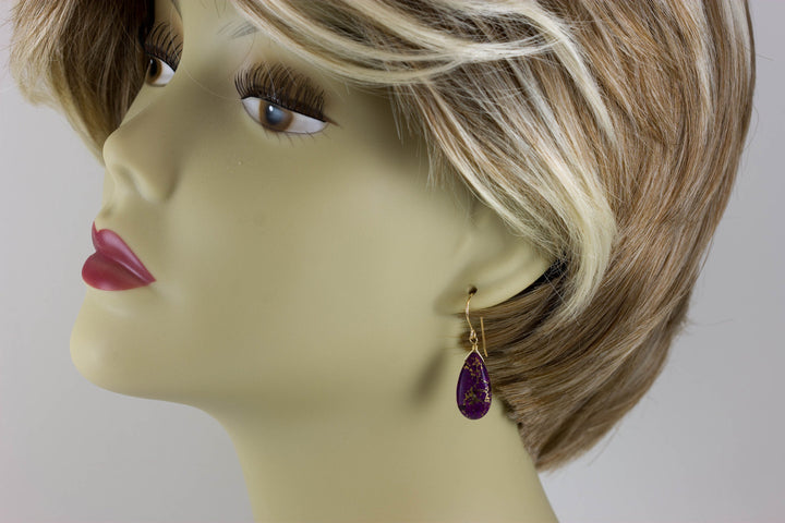 Purple Mosaic Copper Quartz Earrings Teardrop Pear Shaped Smooth 14k Solid Gold or Filled or Sterling Silver Great Unique  Daily Drops