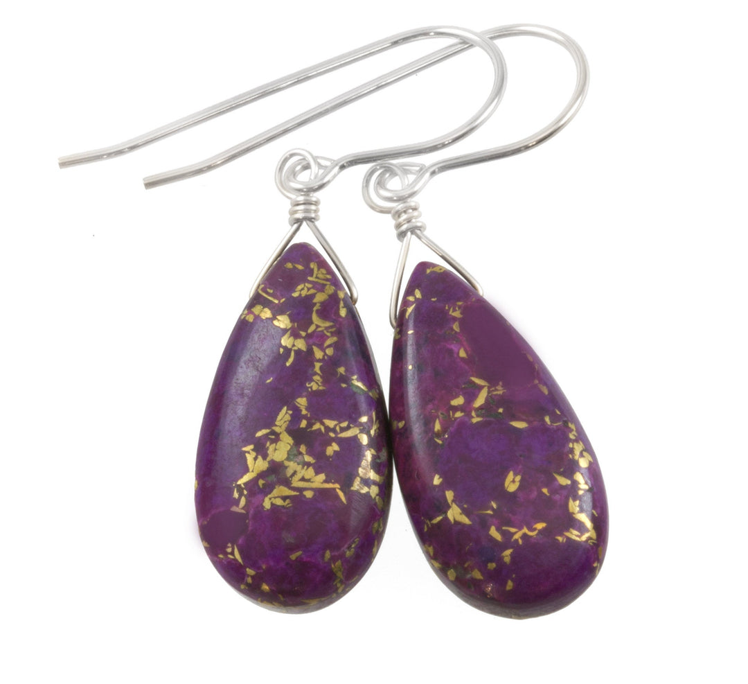 Purple Mosaic Copper Quartz Earrings Teardrop Pear Shaped Smooth 14k Solid Gold or Filled or Sterling Silver Great Unique  Daily Drops