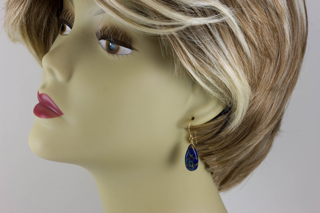 Lapis Lazuli Blue Mosaic Copper Earrings Teardrop Pear Shaped Smooth 14k Solid Gold or Filled or Sterling Silver Great Unique  Daily Drops