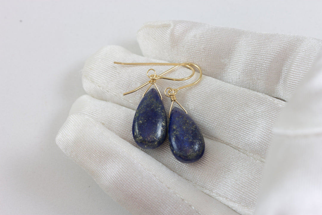 Lapis Lazuli Blue Earrings Pyrite Flecks Teardrop Pear Shaped Smooth 14k Solid Gold or Filled or Sterling Silver Great Unique Daily Drops