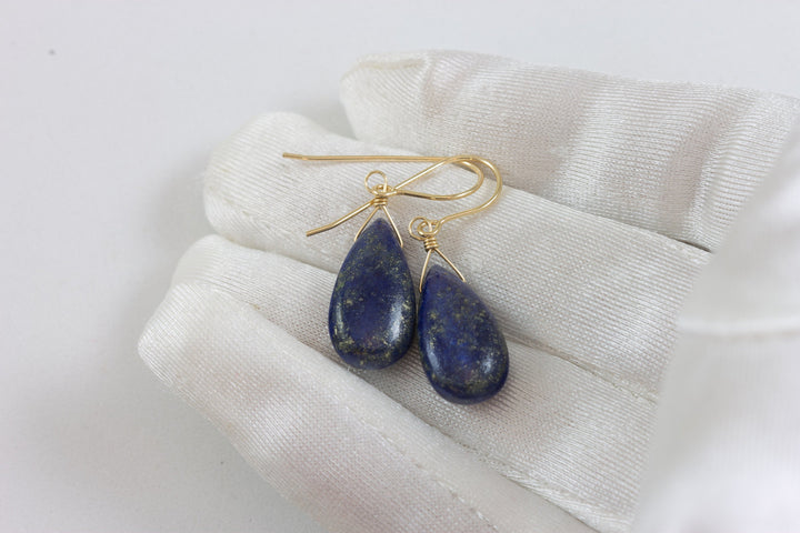 Lapis Lazuli Blue Earrings Pyrite Flecks Teardrop Pear Shaped Smooth 14k Solid Gold or Filled or Sterling Silver Great Unique Daily Drops