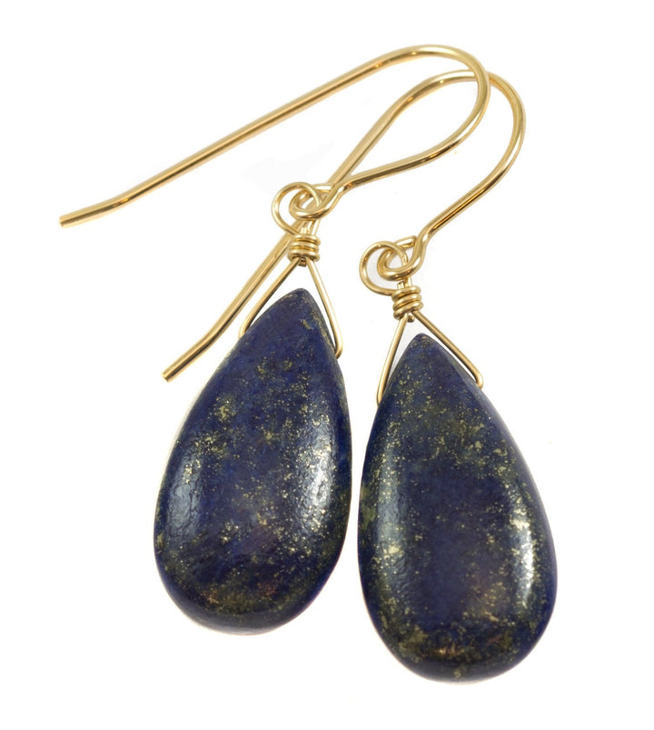Lapis Lazuli Blue Earrings Pyrite Flecks Teardrop Pear Shaped Smooth 14k Solid Gold or Filled or Sterling Silver Great Unique Daily Drops
