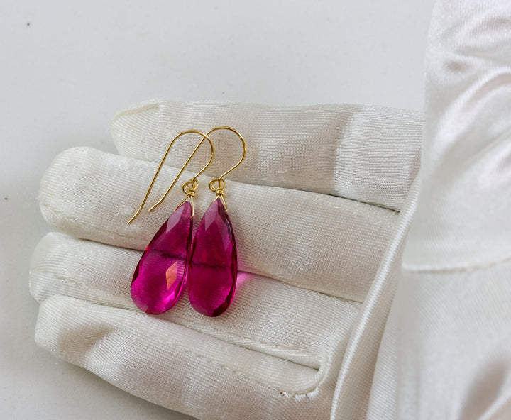 Hot pink fuchsia simulated Sapphire Earrings Faceted Long Dangle 14k Solid Gold or Filled or Sterling Silver Classic Simple  Drops 1.7 Inch