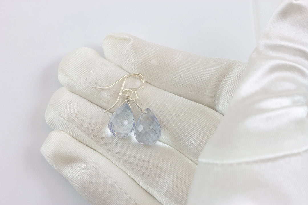 Tanzanite Simulated Earrings Facet Briolette Light Pale Blue Lavender Color Sterling Silver or 14k Solid Gold or Filled Classic Simple Drops - Spyglass Designs