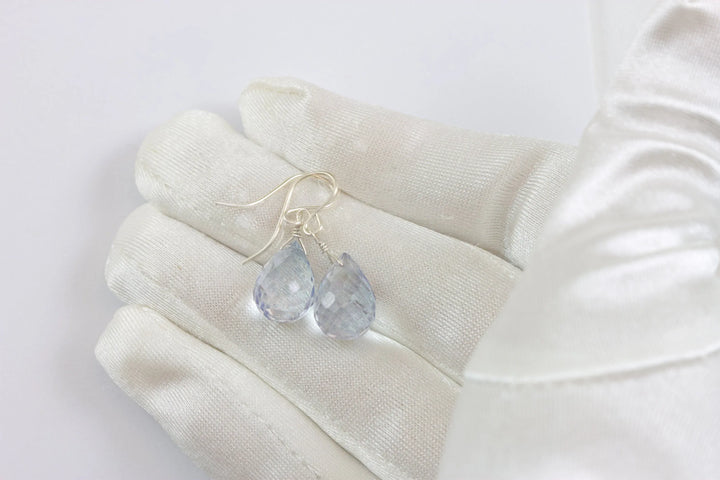 Tanzanite Simulated Earrings Facet Briolette Light Pale Blue Lavender Color Sterling Silver or 14k Solid Gold or Filled Classic Simple Drops - Spyglass Designs
