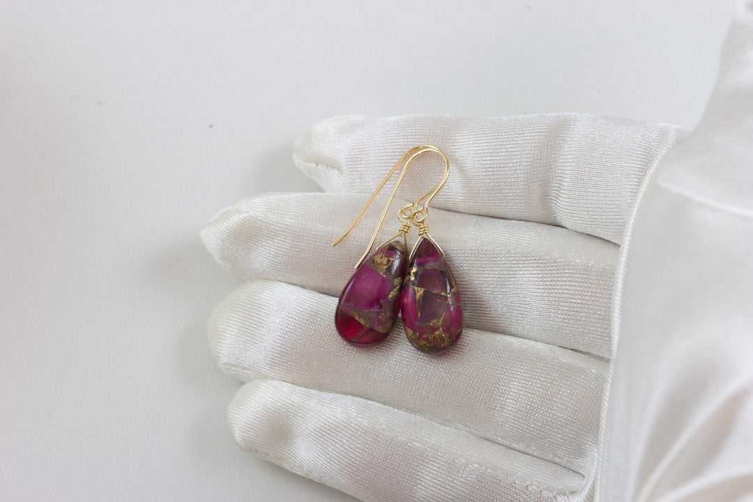 Red Copper Mosaic Quartz Earrings Smooth Simple Teardrop dangle Sterling Silver or 14k Solid Gold or Filled Real Natural Simple Drops 1.5 In