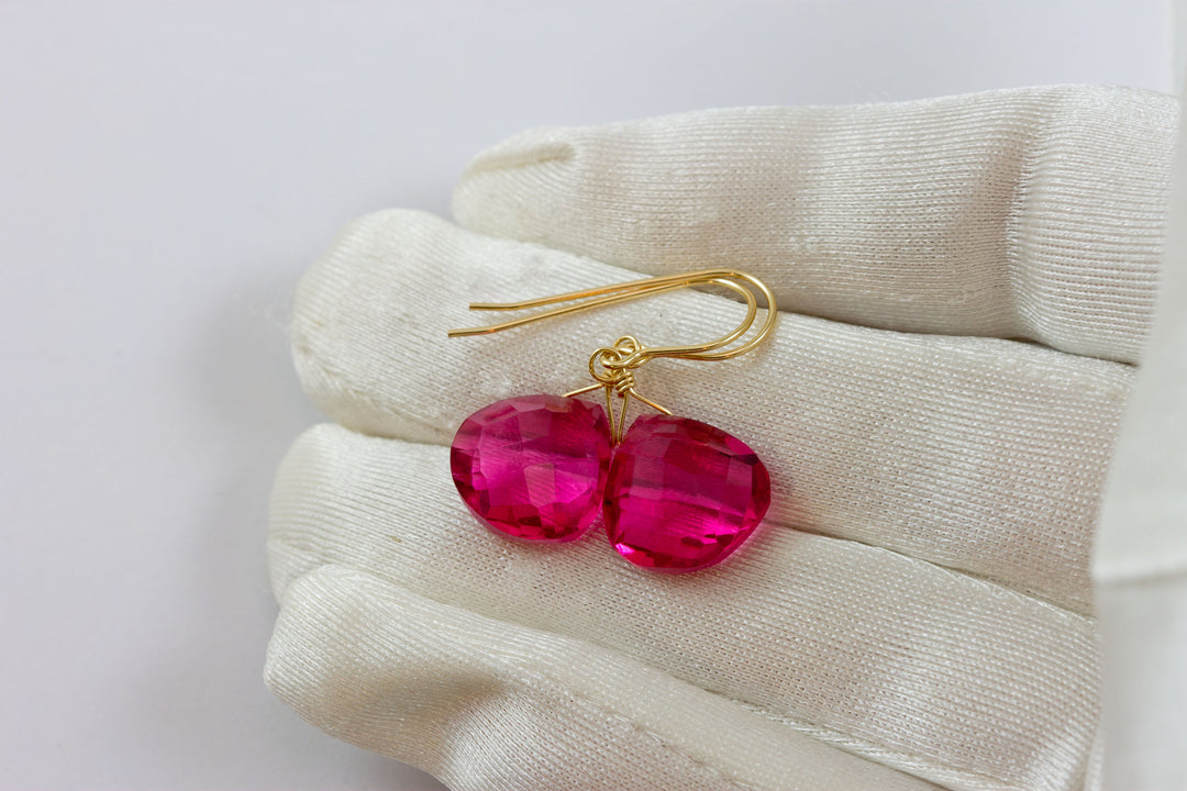 Watermelon Pink Simulated Tourmaline  Earrings Faceted  Large Hearts Dangle 14k Solid Gold or Filled or Sterling Silver Simple Fuchsia Drops