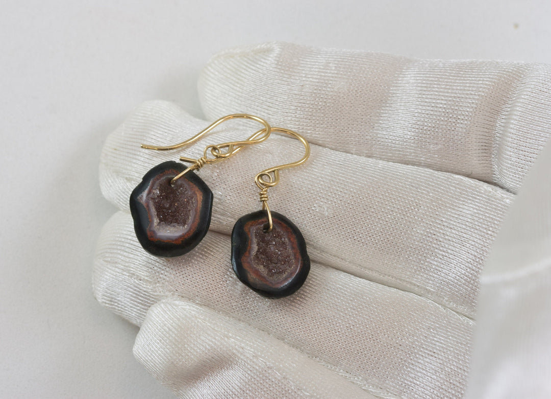 Baby Small Geode Earrings Tabasco Pink Druzy Oval 14k Solid Gold or Filled Polished Small Teardrop Drusy Paired AAA Natural  Druse Quartz