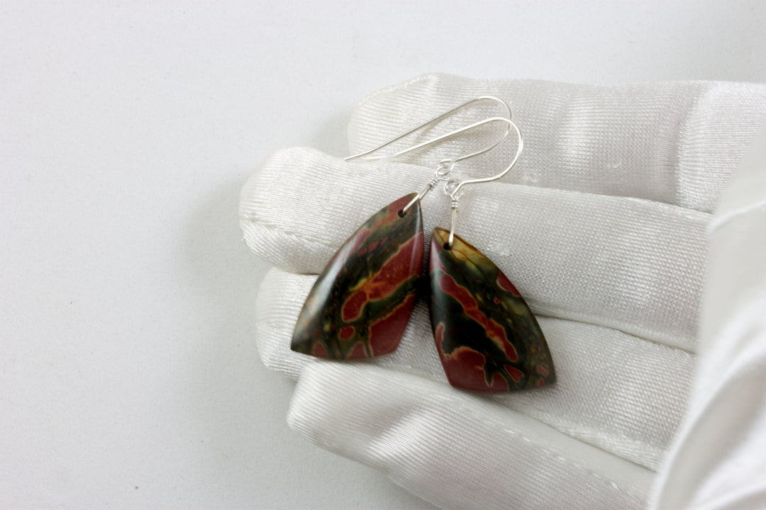 Red Creek Jasper Earrings Red Terra Cotta Brown Green 14k solid gold or filled or Sterling Silver Smooth Triangle Dangle Natural Simple Drop