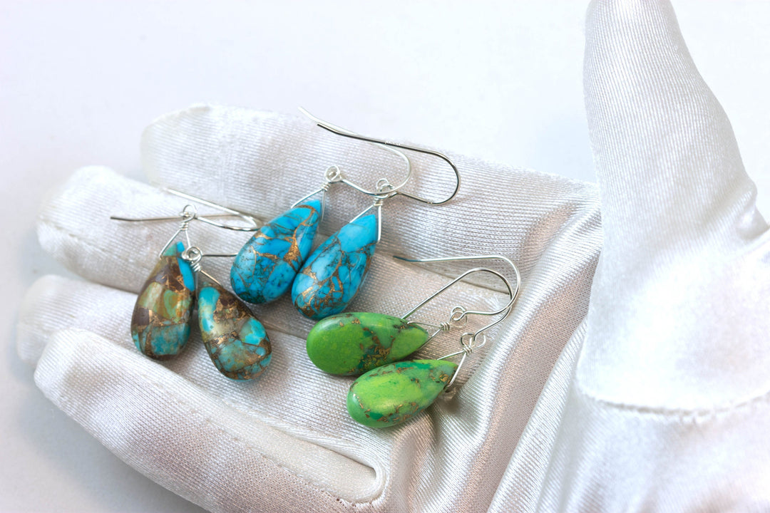 Copper Turquoise Earrings  Teardrop Sterling Silver or 14k Solid Yellow Gold or Fill Mosaic Veining Simple Drops Green Blue or Arizona Drops