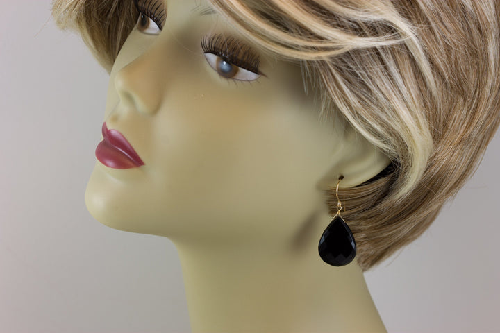 Black Onyx Earrings Sterling Silver or 14k Solid Yellow Gold or Filled Faceted Large Teardrop Dangle Simple Classic  Large Drop