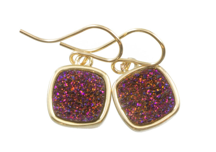 Purple Peacock Druzy Earrings Teardrop 14k Solid Gold or Filled French Ear Wires Bezel Simple Drops sparkly drusy quartz Square Cut Dainty
