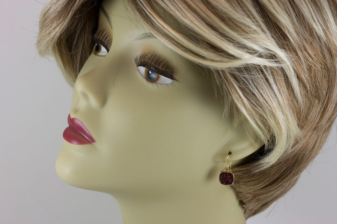 Purple Peacock Druzy Earrings Teardrop 14k Solid Gold or Filled French Ear Wires Bezel Simple Drops sparkly drusy quartz Square Cut Dainty