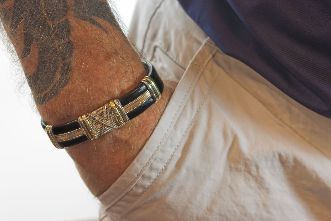 Leather Sterling Silver Bracelet Man's Cuff Adjustable for Men Copper Brass Wrapped Unique Mens Large Brown or Black High Quality 7 8  Inch