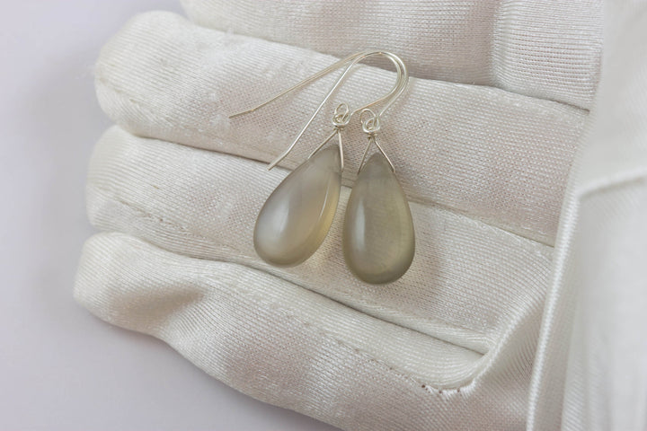 Gray Moonstone Earrings Sterling Silver or 14k Gold Filled or 14k Solid Gold Teardrop Simple Dainty Drops Grey Shimmery Iridescence Smooth