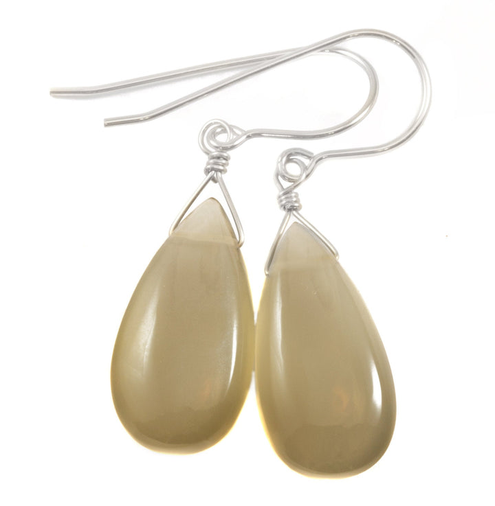 Gray Moonstone Earrings Sterling Silver or 14k Gold Filled or 14k Solid Gold Teardrop Simple Dainty Drops Grey Shimmery Iridescence Smooth