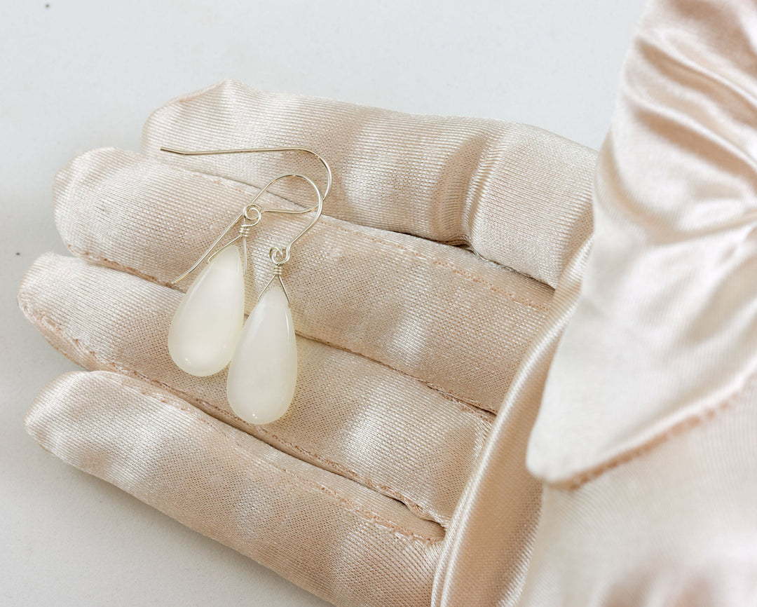 White Moonstone Earrings Smooth Sterling Silver or 14k Solid Gold or Filled Teardrops Pear Drops Shimmery Simple Spyglass Designs