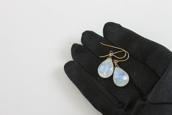 Rainbow Blue Moonstone Earrings 14k Solid Gold or Filled or Sterling Silver Faceted Large Briolette Teardrops Simple Dangles