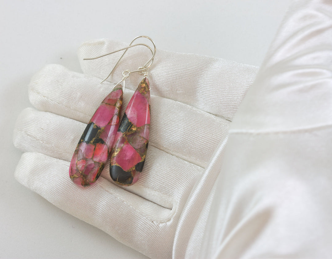 Pink Copper Obsidian Earrings Smooth Mosaic Teardrop  Drop Sterling Silver or 14k Solid Gold or Filled Earrings Hot Pink Unique Long 2.2 In