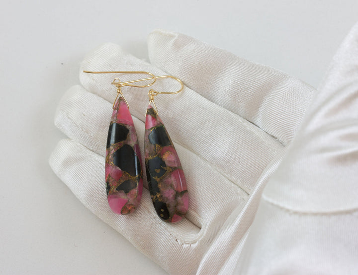 Pink Copper Obsidian Earrings Smooth Mosaic Teardrop  Drop Sterling Silver or 14k Solid Gold or Filled Earrings Hot Pink Unique Long 2.2 In
