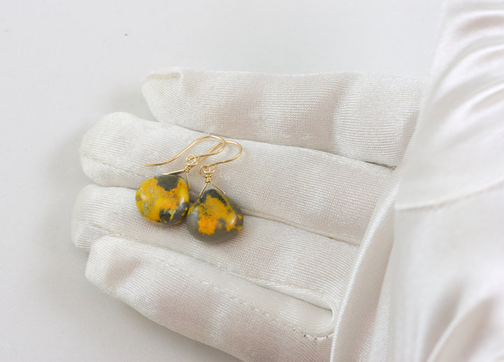 Bumble Bee Jasper Earrings  Smooth Heart Teardrops Select Yellow Orange  14k Solid Gold or Filled  or Sterling Silver Drops Spyglass Designs