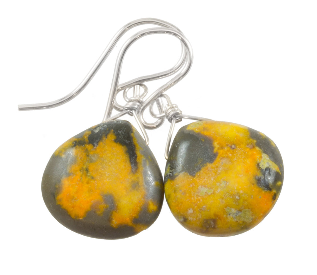 Bumble Bee Jasper Earrings  Smooth Heart Teardrops Select Yellow Orange  14k Solid Gold or Filled  or Sterling Silver Drops Spyglass Designs