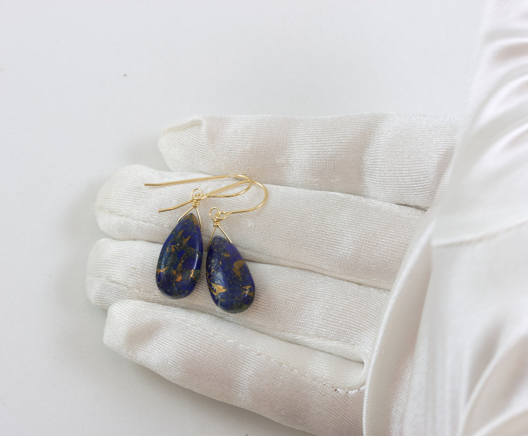 Lapis Lazuli Blue Mosaic Copper Earrings Teardrop Pear Shaped Smooth 14k Solid Gold or Filled or Sterling Silver Great Unique  Daily Drops