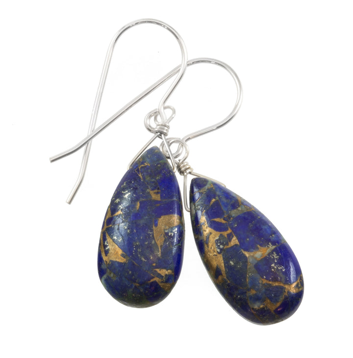 Lapis Lazuli Blue Mosaic Copper Earrings Teardrop Pear Shaped Smooth 14k Solid Gold or Filled or Sterling Silver Great Unique  Daily Drops