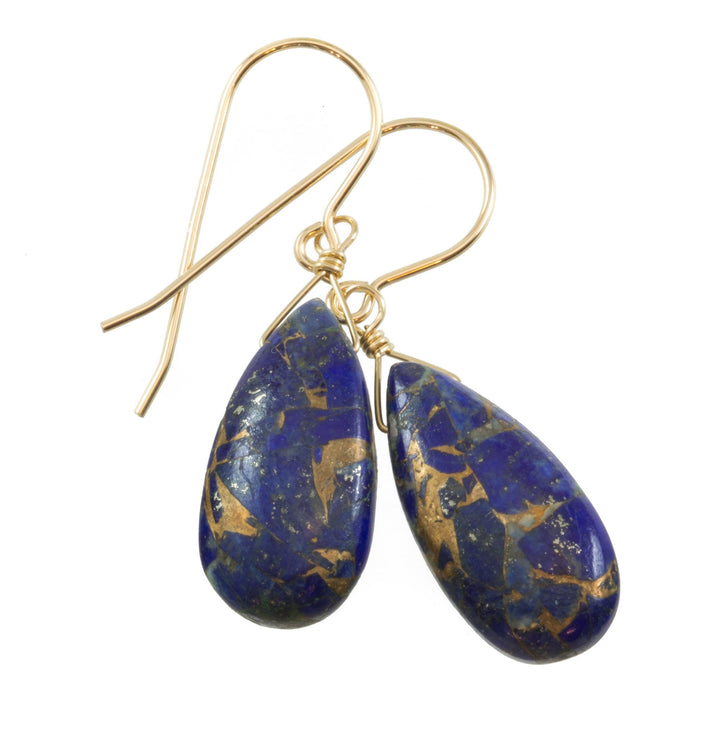 Lapis Lazuli Blue Mosaic Copper Earrings Teardrop Pear Shaped Smooth 14k Solid Gold or Filled or Sterling Silver Great Unique  Daily Drops