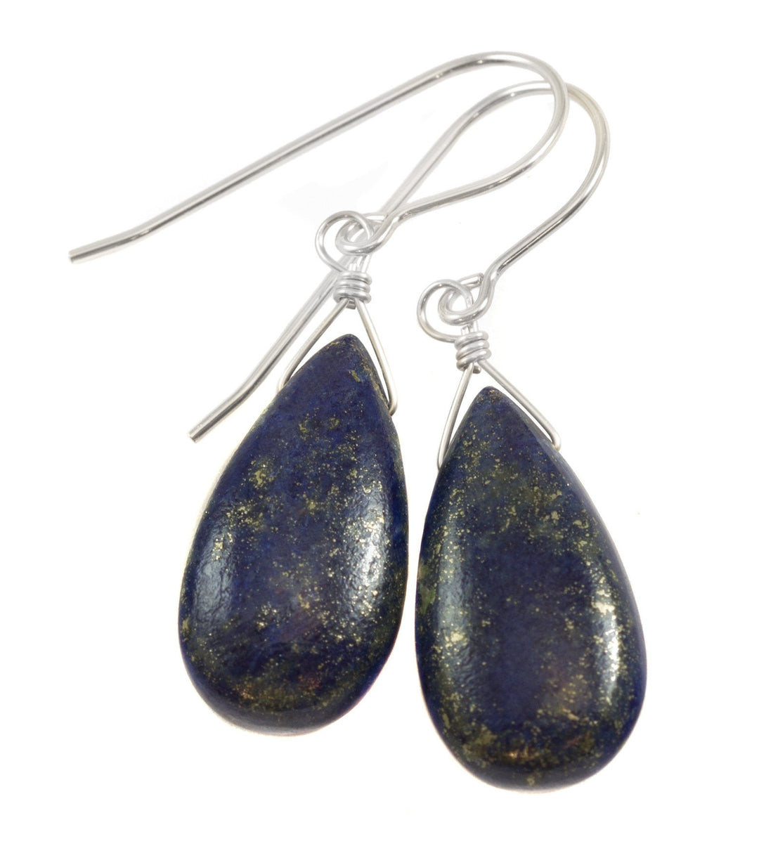 Lapis Lazuli Blue Earrings Pyrite Flecks Teardrop Pear Shaped Smooth 14k Solid Gold or Filled or Sterling Silver Great Unique Daily Drops