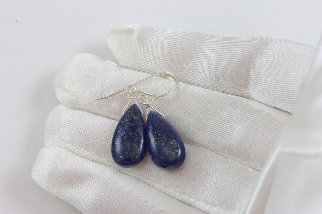 Lapis Lazuli Blue Earrings Pyrite Flecks Teardrop Pear Shaped Smooth 14k Solid Gold or Filled or Sterling Silver Great Unique Daily Drops