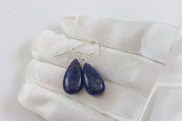 Lapis Lazuli Blue Earrings Pyrite Flecks Teardrop Pear Shaped Smooth 14k Solid Gold or Filled or Sterling Silver Great Unique Daily Drops