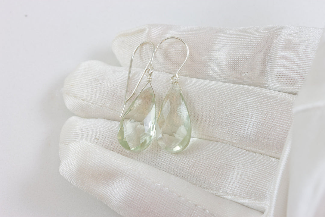 Green Amethyst Earrings Prasiolite Faceted Long Pear Teardrop 14k Solid Gold or Filled or Sterling Silver Simply Daily Pale Soft Green Drop