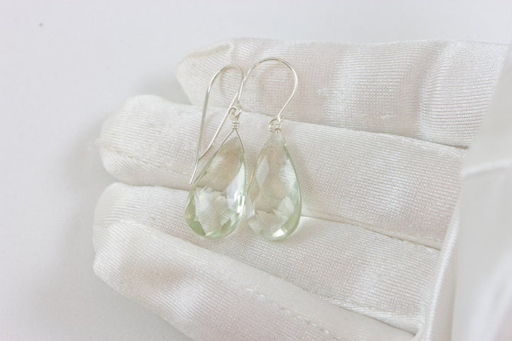 Green Amethyst Earrings Prasiolite Faceted Long Pear Teardrop 14k Solid Gold or Filled or Sterling Silver Simply Daily Pale Soft Green Drop