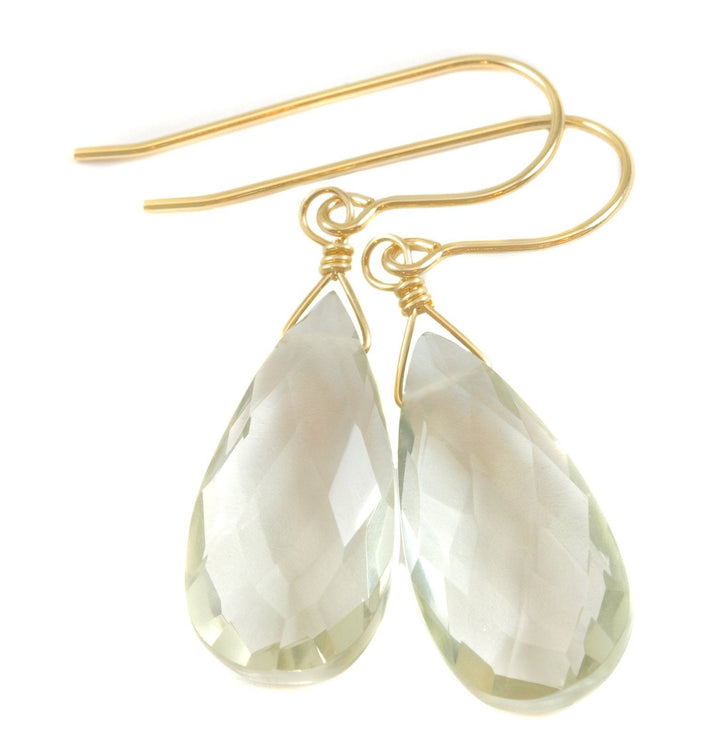 Green Amethyst Earrings Prasiolite Faceted Long Pear Teardrop 14k Solid Gold or Filled or Sterling Silver Simply Daily Pale Soft Green Drop
