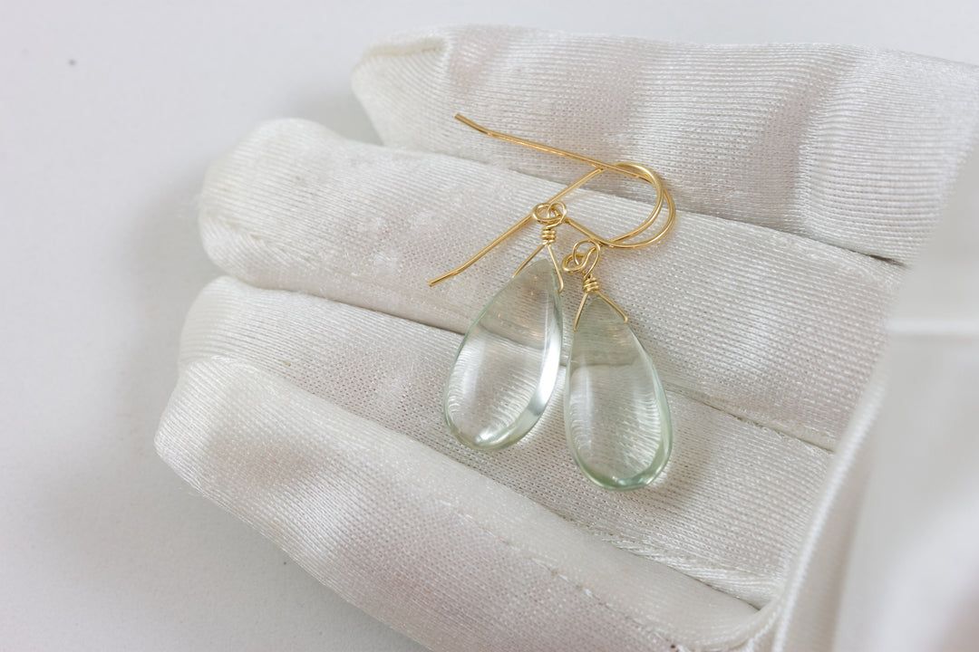 Green Amethyst Earrings Prasiolite Smooth Long Pear Teardrop 14k Solid Gold or Filled or Sterling Silver Simply Daily Pale Soft Green Drop