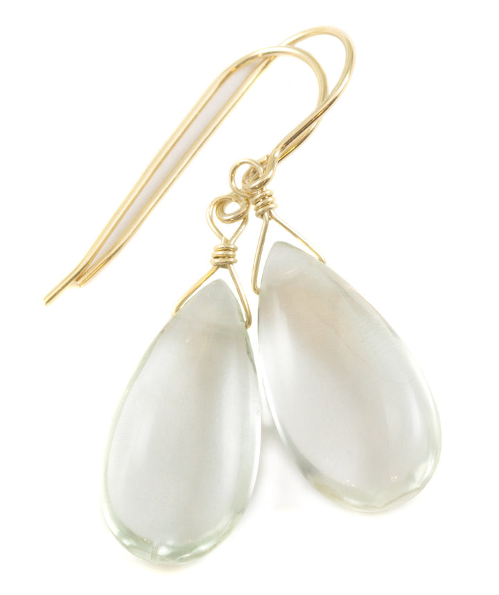 Green Amethyst Earrings Prasiolite Smooth Long Pear Teardrop 14k Solid Gold or Filled or Sterling Silver Simply Daily Pale Soft Green Drop
