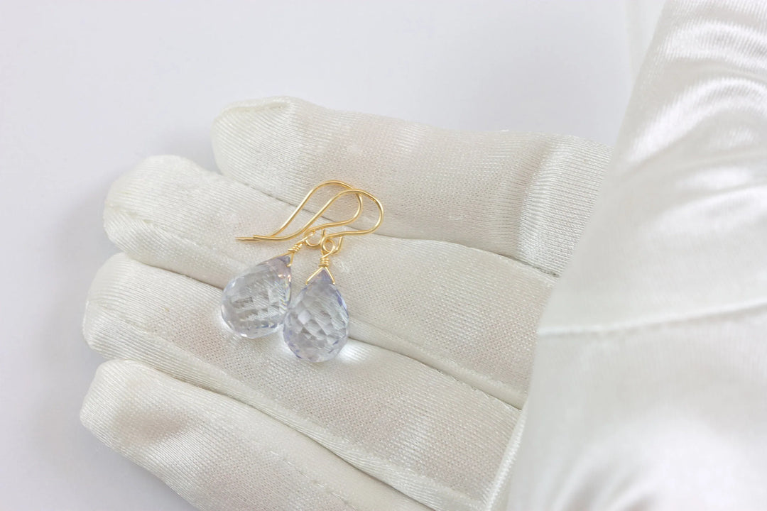 Tanzanite Simulated Earrings Facet Briolette Light Pale Blue Lavender Color Sterling Silver or 14k Solid Gold or Filled Classic Simple Drops - Spyglass Designs
