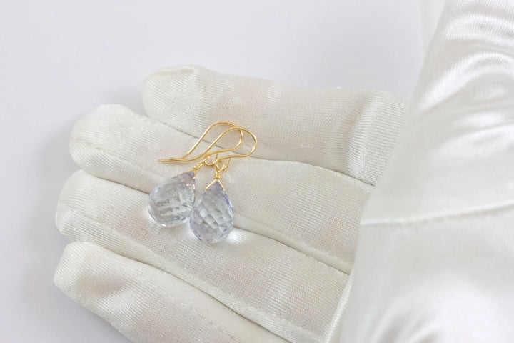 Tanzanite Simulated Earrings Facet Briolette Light Pale Blue Lavender Color Sterling Silver or 14k Solid Gold or Filled Classic Simple Drops - Spyglass Designs