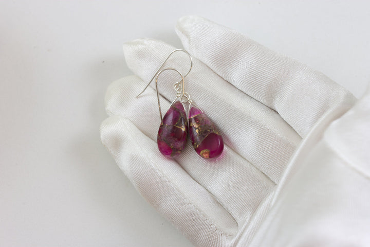 Red Copper Mosaic Quartz Earrings Smooth Simple Teardrop dangle Sterling Silver or 14k Solid Gold or Filled Real Natural Simple Drops 1.5 In