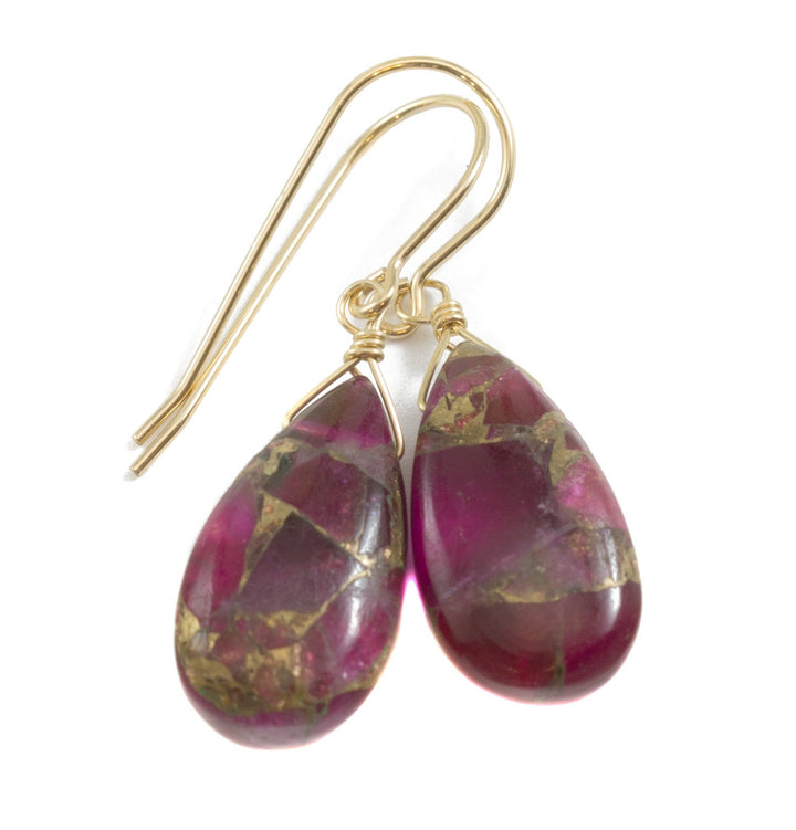 Red Copper Mosaic Quartz Earrings Smooth Simple Teardrop dangle Sterling Silver or 14k Solid Gold or Filled Real Natural Simple Drops 1.5 In